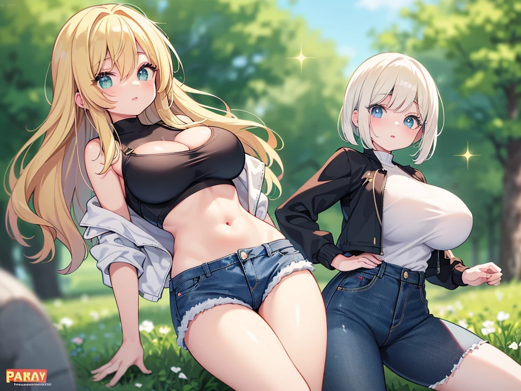 2girls, (gigantic breasts:1.3), cap, green eyes, rural town, blonde hair, shiny skin, sun rays, white camisole, short shorts, wide hips, parted bangs, (camisole overhang:1) :o