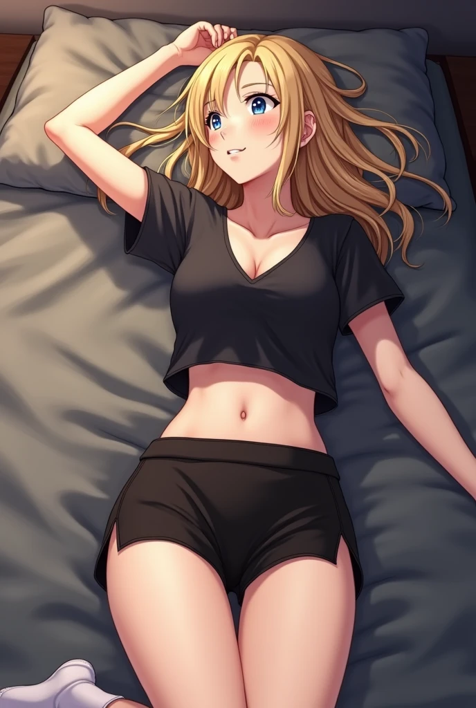 (Masterpiece, Photorealistic, high resolution), ((1girll):1.2), (Masterpiece, Photorealistic, high resolution), ((1girll):1.2), is a teenage girl (Loose blue shirt, navy Blue fitness shorts), (Medium of breast):1.2, thighs), on top of the bed, lie on the bed, Leather shorts