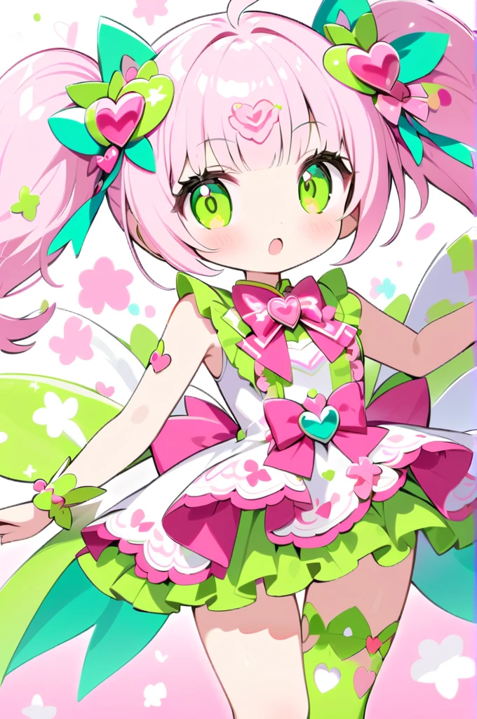 masterpiece, highest quality,excellent anatomy、1 girl cute girl, pink hair, tiny red thong, back view, looking back , light pink hair、heterochromia eyes、idol type、cute lime green dress、Heart-shaped shining eyes、a smile that charms you, perfect ass, big ass, stonkings.