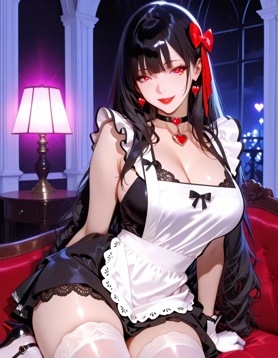 1 girl、Detailed facial details,Cat ear,Black long hair,Red lips,Slim,Large Breasts,Wearing black latex tights maid outfit,silk garment,Maid headdress,With red bow tie,Charming red eye,,Handcuffs,collar,Radiant Skin,Bright castle,Medieval Castle