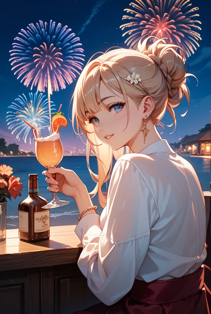 Cute woman, ((masterpiece: 1.4, best quality: 1.2)), smile, ultra-realistic, blue eyes, long hair, sitting on terrace, cocktail on table, see-through outfit, background is Monaco night view, fireworks , lighting like a movie, staring at me with passionate eyes