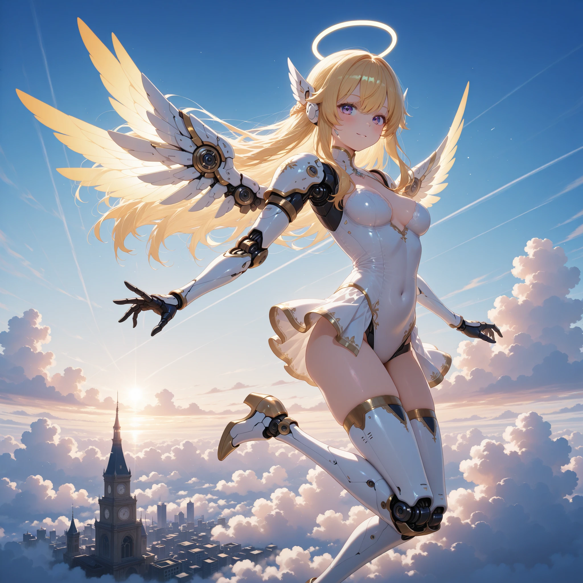 Outside, beautiful day, partly cloudy, skinny girl, pale skin, small breasts, short messy blonde hair, tight white sports bra with rose gold trim, tinywhite thong with rose gold trim, white cape with rose gold trim, white stockings, white boots, , leaping off rooftop headfirst, city skyline in background, determined look on face