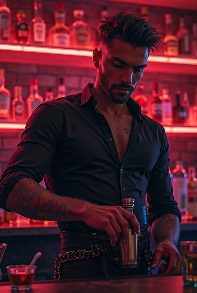 (realistic), (photorealistic), ((masterpiece)), ((best quality)), (detailed), cinematic, dynamic lighting, soft shadow, detailed background, photography, depth of field, intricate, detailed face, subsurface scattering, realistic eyes, muscular, manly, large pectorals, pectorals, abs, photo of a handsome (african man), sexybartender, vest, pants, bowtie, wrist cuffs, bar, alcohol, (smirk:0.7), beard, dynamic pose,