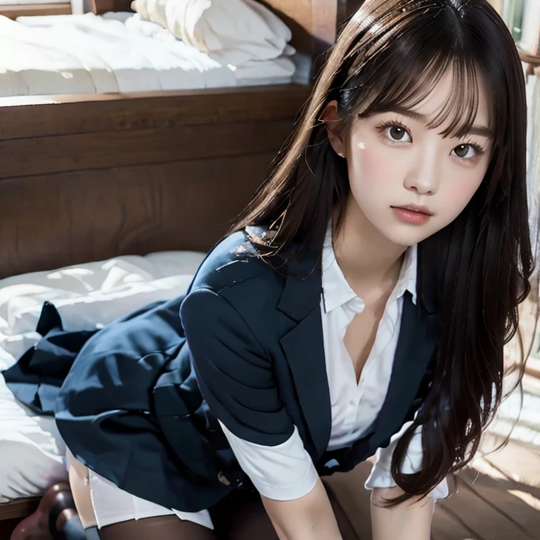 ulzzang-6500-v1.1, (raw photo:1.2), (photorealistic:1.4), beautiful detailed girl, very detailed eyes and face, beautiful detailed eyes, ridiculous, incredibly ridiculous, huge file size, super detailed, high resolution, very detailed, best quality, masterpiece, kemomimi, ((Japanese girls' high school uniform)), illustration, very detailed, CG, unified, 8k wallpaper, amazing, Fine details, masterpiece, best quality, very detailed CG uniform 8k wallpaper, light on face, cinematic lighting, 1girl, 16 years old, ((no panties)), ((dynamic pose))), (camel toe), (half), (pantyhose), (knee-bending leg sitting))
