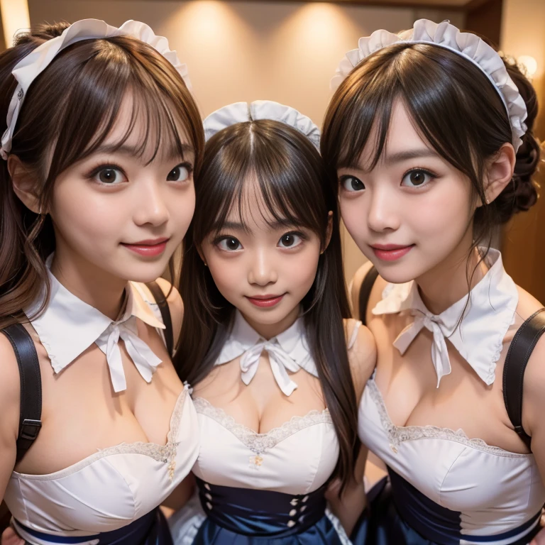 NSFW, ((masterpiece)), ((highest quality)), (Super detailed), ((cute)), cute, (Multi-point), ((sexy)), (device), ((very detailed)), 4k, (8k), highest quality, (beautiful), hyper cute face, shape, anime style,hyper genuineistic, genuine, dynamic angle, ((whole body)), close, thick outline, clear outline, on stage, (three girls, 3 cute girls:1.5), (idol costume:1.5), beautiful light brown hair, beautiful brown eyes, ((beautiful eyes)), short hair, big breasts, smile