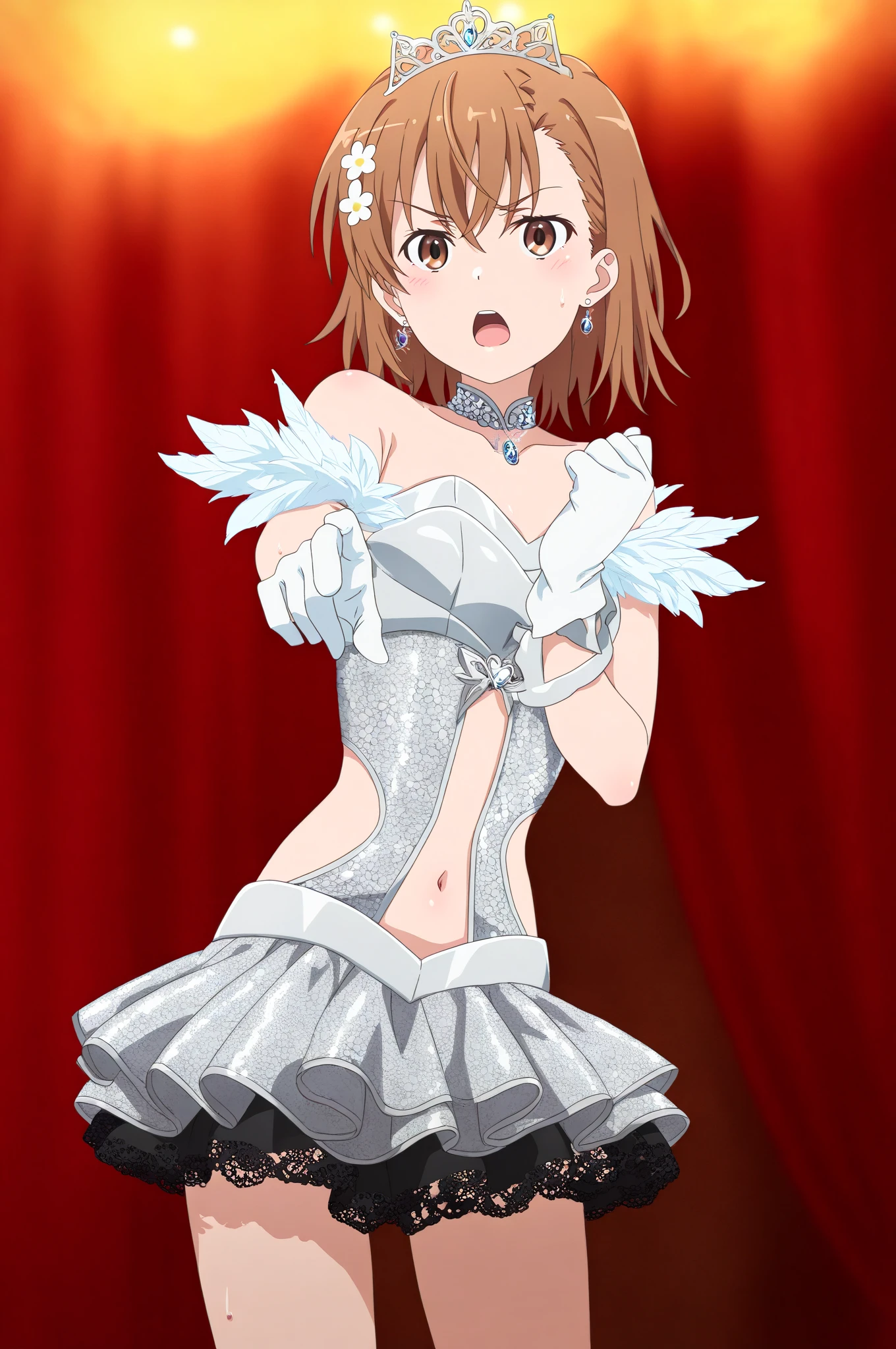best quality, ultra high res, 1girl, solo focus, ((white mini see through dress)), elbow dress, black thighhighs, frills, ribbons, studio background,floating hair, looking at viewer, facing front,