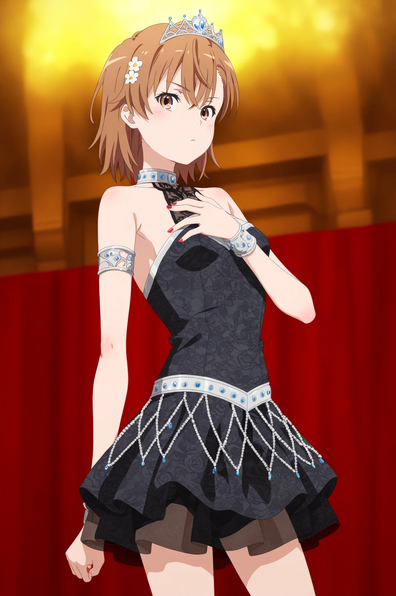 (Evening Dresses), (Looking up from under your feet), Background is the stage, Misaka Mikoto, 1girl, black choker, uhd, retina, masterpiece, ccurate, anatomically correct, textured skin, super detail, high details, high quality, best quality, highres, 4K