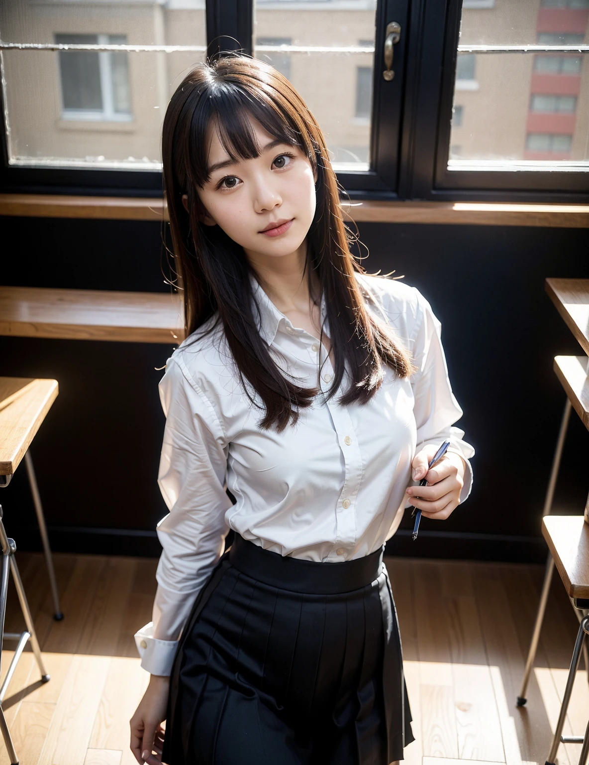 ((Best quality, 8k, Masterpiece: 1.3, raw photo)), Sharp focus: 1.2, 1 aespa girl, (realistic, photo-realistic:1.37), (face focus: 1.1), cute face, kindness, small breasts, flat chest, short messy hair, walking, arms up, white summer casual shirt, skirt, office, sunlight, cinematic lighting, from below
