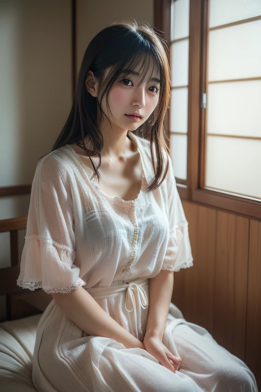 The image shows、A beautiful Japanese girl is shown sitting on a bed.。She is wearing a sexy outfit based on black and white.、The off-the-shoulder top flatters her shoulders and collarbones.。The top is decorated with ruffles、A black ribbon is tied in the center。彼女の衣装はOverall可愛らしさとセクシーさを兼ね備えています。
Her hair is in a twin bun style、My bangs are hanging over my forehead、Her hair is loosely curled and hangs around her face.。The ribbon is used as an accent in the hair.、It enhances her cuteness even more.。Her eyes are big、It has a deep color、Make a strong impression on the viewer。
彼女のexpressionは少し憂いを帯びており、It gives the impression of gazing into the distance。Lips are naturally pink、Overallナチュラルな美しさを感じさせます。Her skin is smooth and has a healthy glow.、The light softly illuminates her figure.。
In the background, a simple interior is spread out.、The large windows let in soft natural light.。White sheets spread out on the bed、The contrast with her outfit is beautiful.。A simple background、It makes her beauty even more pronounced.。
Overall、This image perfectly captures the charm of a beautiful girl.、It depicts the moment when her natural beauty and sexiness come together.。her attitude、expression、And the costumes come together、It is a piece that leaves a deep impression on the viewer.。
