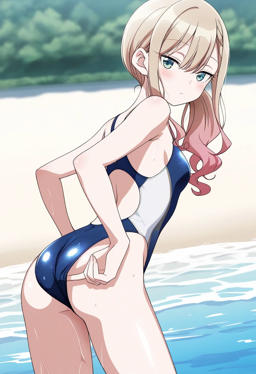 girl, alone, short hair, Bronze colored hair, thin, Misaka sister,Yellow ultra-high leg one-piece swimsuit , Beach、play、Fascinating、smile、
