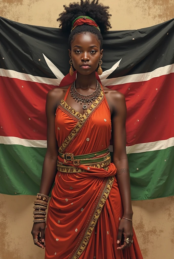 une BELLE super-héroïne féminine AFRICAINE , nue musclée DE LA TÊTE AUX PIEDS. Veiled with a flying Senegal flag scarf, on the chest is tattooed a star. Une superbe affiche de film porno. devant des CASES en ruine. l'arrière-plan est rempli de palmiers et  symboles mystiques et de fumée, explosion.