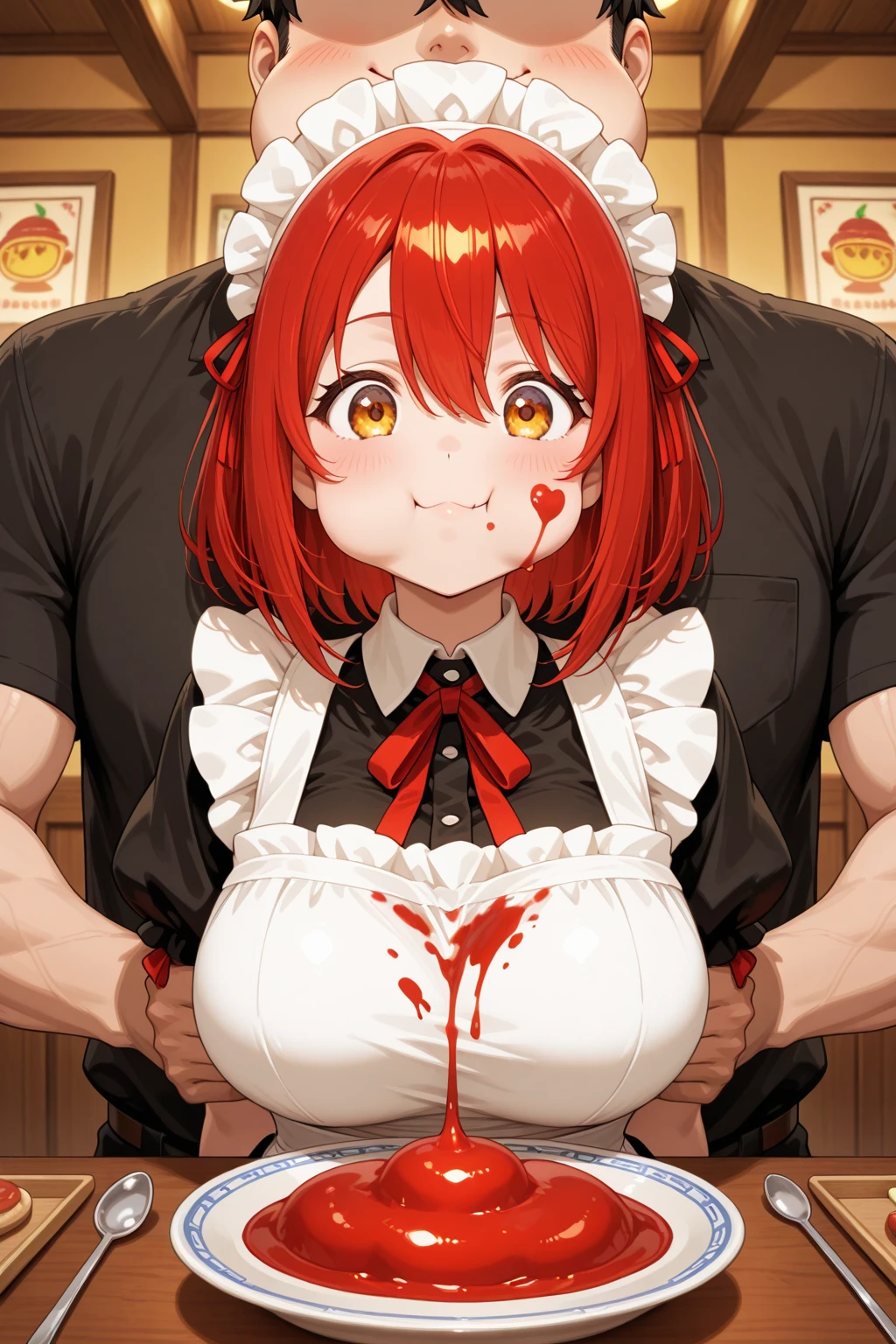masterpiece, best quality,(detailed), <lora:llmaki-nvwls-v1:0.9>,
altidolMaki, small breasts, frilled choker, mini top hat, black hat, frilled shirt, short sleeves, red bow, suspenders, red skirt, frilled thighhighs,
sexy, sweat, blush,<lora:Ejaculating_Cum_v2.3:0.5>,
EjaculatingCum,(male masturbation,ejaculation:1.3),motion lines,1boy,penis,multiple boys,multiple penis,facial,bukkake,cum in mouth,cum on tongue,hetero