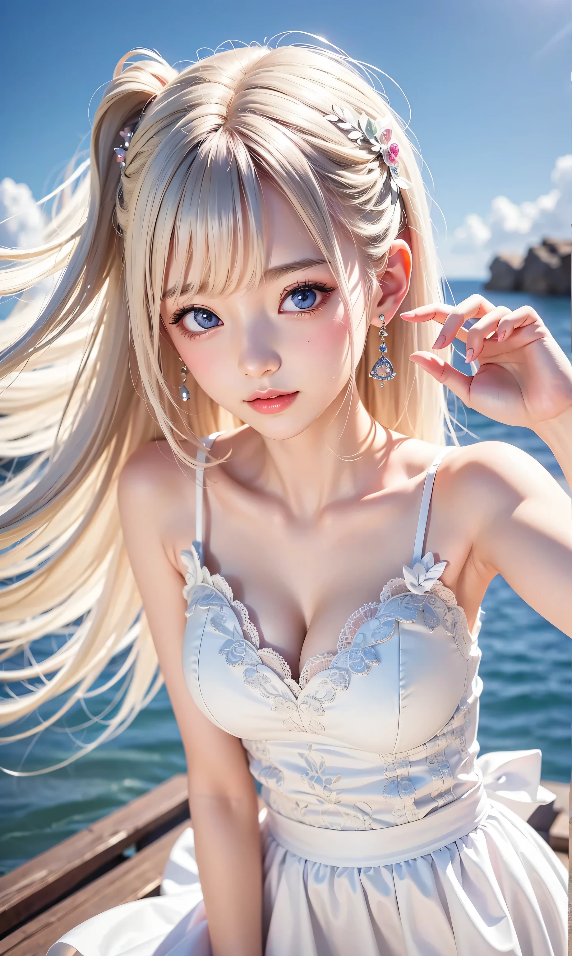 Big eyes、G Cup、blue eyes、Beautiful waistline、pretty girl、20-year-old、White tube top bikini、Naughty pose、Silver Hair、9Head to Body、smile