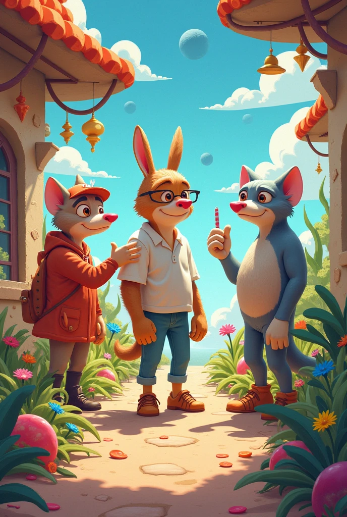 The mouse in the hat ((animal)), called Remy, talking to Leo ((Child boy)) while holding a small map with drawings indicating a secret path.