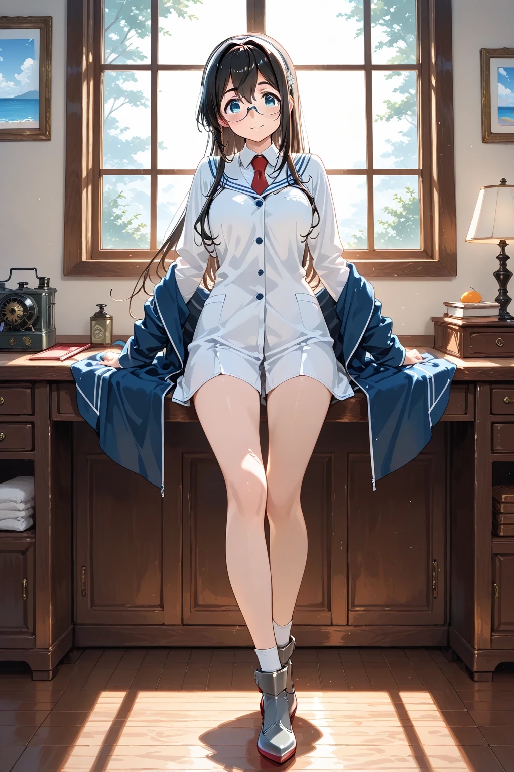Girl.14 years old, with a youthful charm, she was elegantly dressed in a white dress t-shirt, pairing it with a red tie for a hint of sophistication. The dress fell gracefully to her knees, revealing black knee-high socks and matching black shoes. Her straight hair, reaching her waist, softened at the ends into curls, complementing her dark brown eyes that sparkled with innocence. The overall style is clean and detailed, capturing the essence of her maturing age in a 4K resolution, with realistic rendering and sharp focus. The use of warm, natural lighting adds a soft, inviting atmosphere to the image.