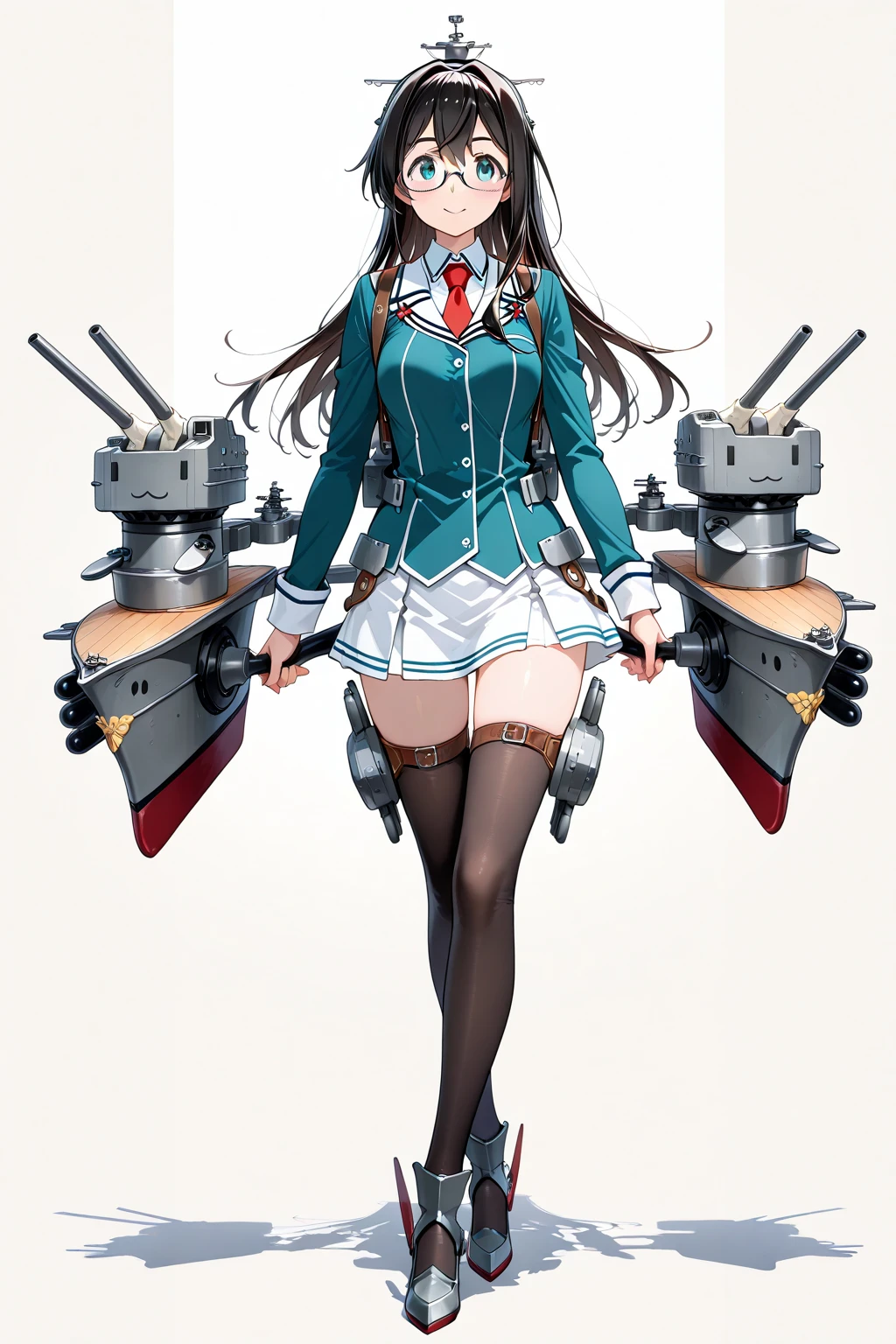 best quality, masterpiece, highres, solo, {ooyodo_kantaicollection:1.15}, black_hair, long_hair, glasses, hairband, semi-rimless_eyewear, under-rim_eyewear, blue_eyes, green_eyes, small_breasts, 1girl, looking_at_viewer, necktie, harbor_school_background, red_necktie,angry,smile,Proudly,(bunny_suits:1.5),bunny_ears,thighs,fishnet_pantyhose,cuffs,