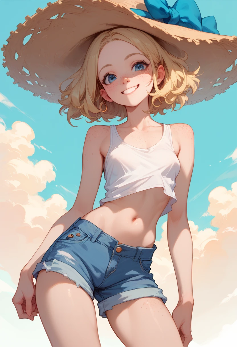 puberty, Green Eyes, Clear smile，Baby Face，flower, Outdoor, Very short stature，Flat Chest，Very thin thighs，naked，White crop top，belly button，Open Fly，Your hair is short , blonde, whole body, The background is the city, Evokes a feeling of lightness and well-being.