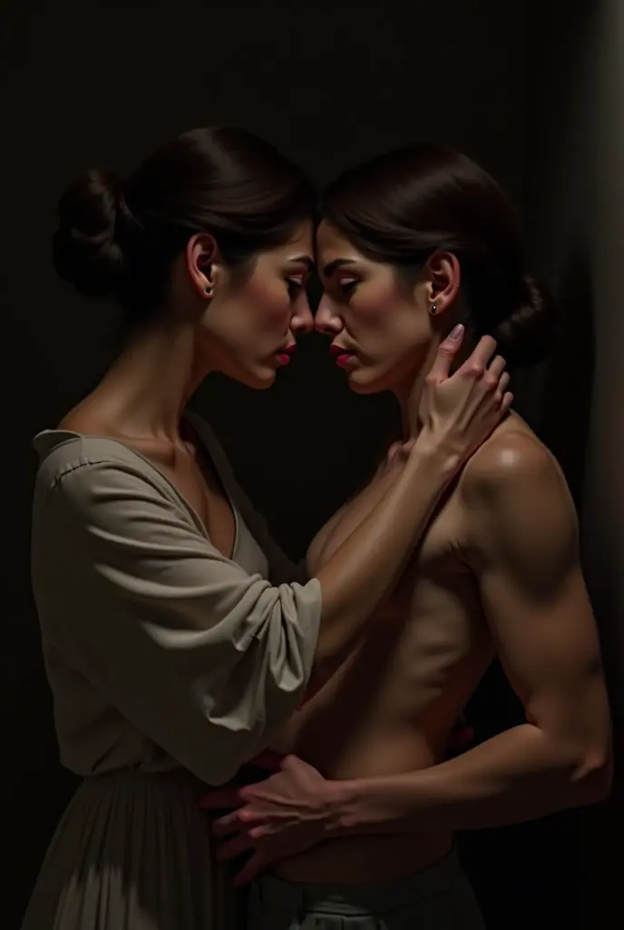BEST AESTHETIC,nude photo of a 30 year old woman and a year old man,Couples,Detailed skin texture,(face close-up),Outdoor, dark city street,night,nude,couple
