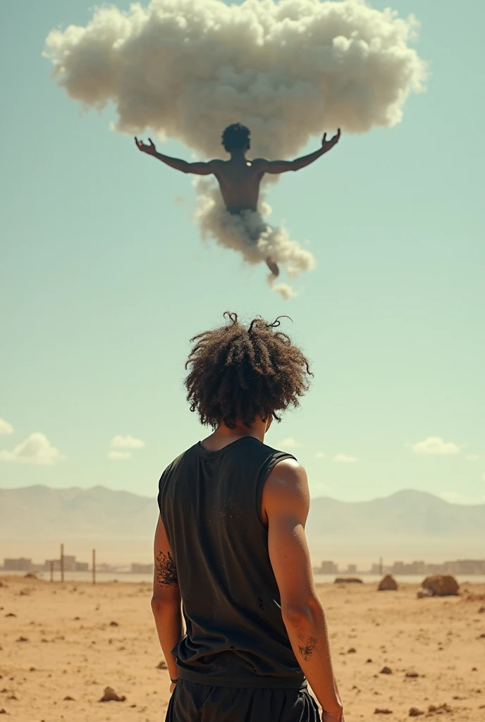Image of a dark-skinned person flying in a bright purple volcano while smoking a cigarette.