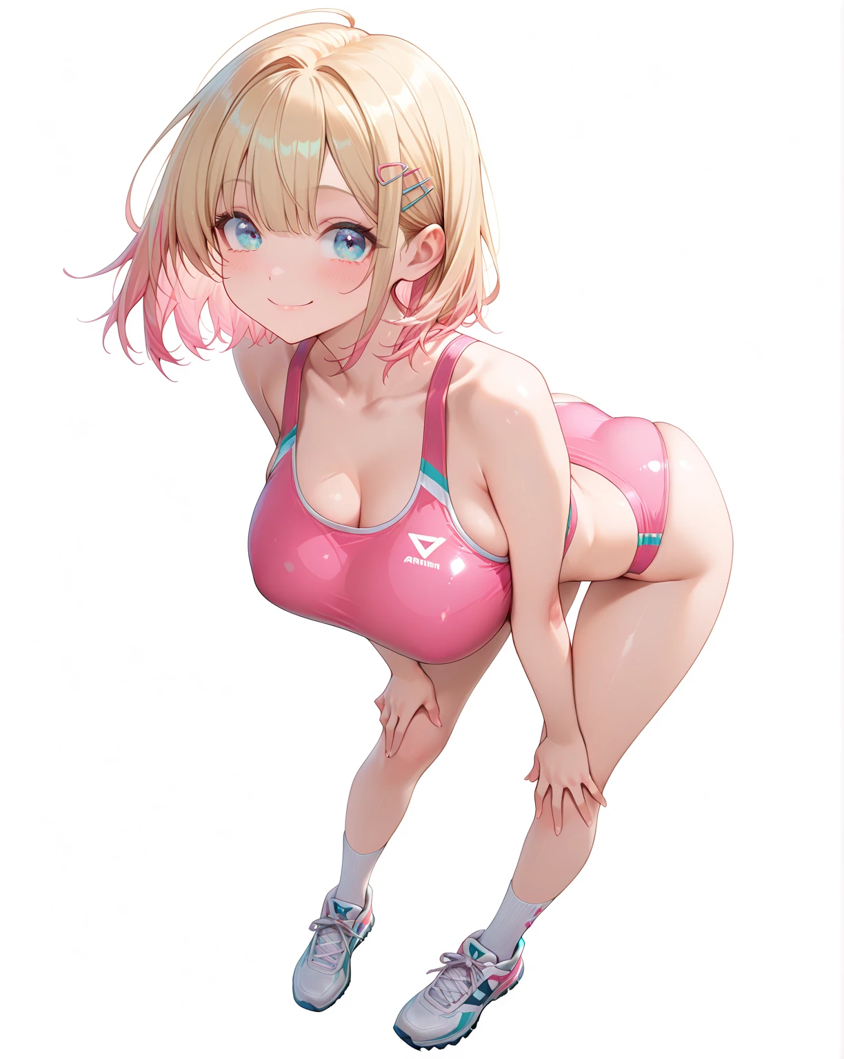 ((a 25yo girl), Sayla Mass, elegant), bending waist,whole body、see the beholder, young woman,(with sparkling eyes and a contagious smile),(her thin pubic hair:1.3),shy、blush、expression of ecstasy、erotic、charming、Charm、bob short、bangs、shiny blonde hair、blue eyes、long, well-shaped eyelashes、perfect eyes、Slender eyes、glossy pale pink lips、(Plump slender body of a young woman、plump body:1.3、shiny skin、Beautiful big breasts:1.1、thin waist、Beautiful butt、Thick thighs、beautiful long legs)、perfect arms、perfect hands、perfect fingers、perfect body shape、perfect anatomy、(Army pink uniform dress with short super uper miniskirt You can see the pants in the miniskirt), cameltoe, lilac lace shorts、Bright red long boots), steam、steam、sexy genital pose gesture、cheeky pose、(putting fingertips on lips),(with sparkling eyes and a contagious smile),nsfw, From Above、cowboy shot, no gravity, figure, Bright colors, Practical Light, (background is blurred:0.8)、highest quality, disorganized, good quality、Realistic, ultra high resolution, masterpiece、HDR、UHD、8k,,(((sports gym:1.2))),cleavage , (get sweaty), looking at viewe