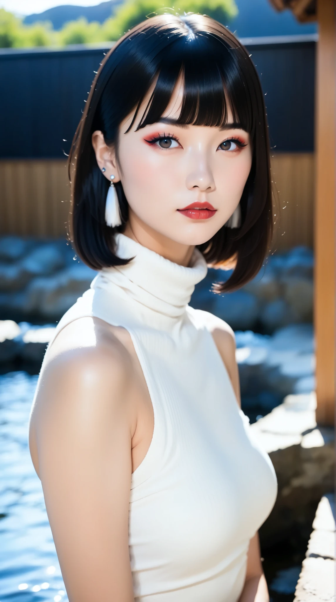 Japanese girl, Japanese woman,, 1girl, solo, black hair, Black Lip, Bang, earrings, WATCHING THE VIEWER, makeup, blunt Bang, closed mouse with shiny elbow, Black background, portrait, lipstick, Turtleneck, medium hair in the center of the hot springs, simple background, long hair