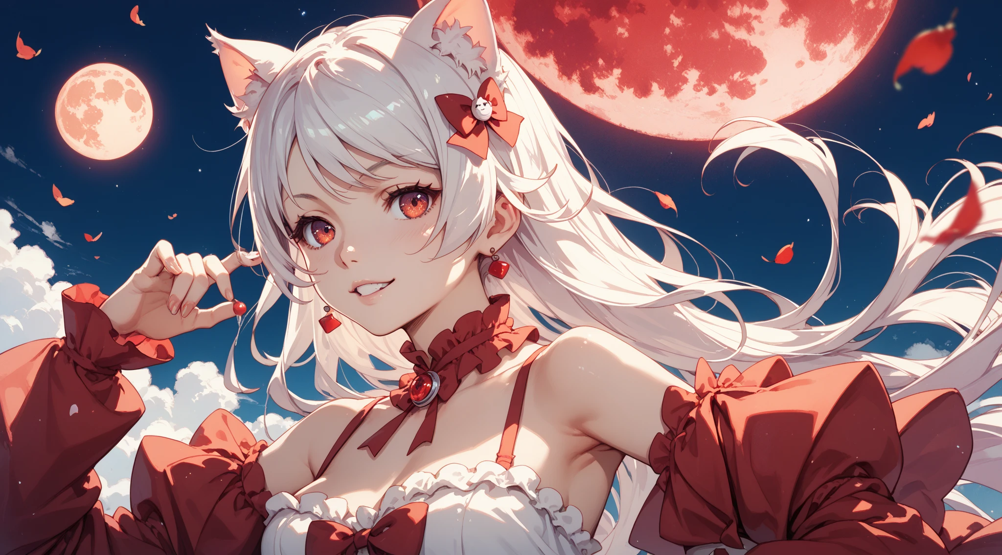 Highly detailed face,fine grain,Sparkling eyes,Highlighted eyes,Medium chest,pretty girl, Melancholic gaze,Cat ear,Beautiful silver hair,Pink inside,Beautiful pink eyes, dress, starry sky