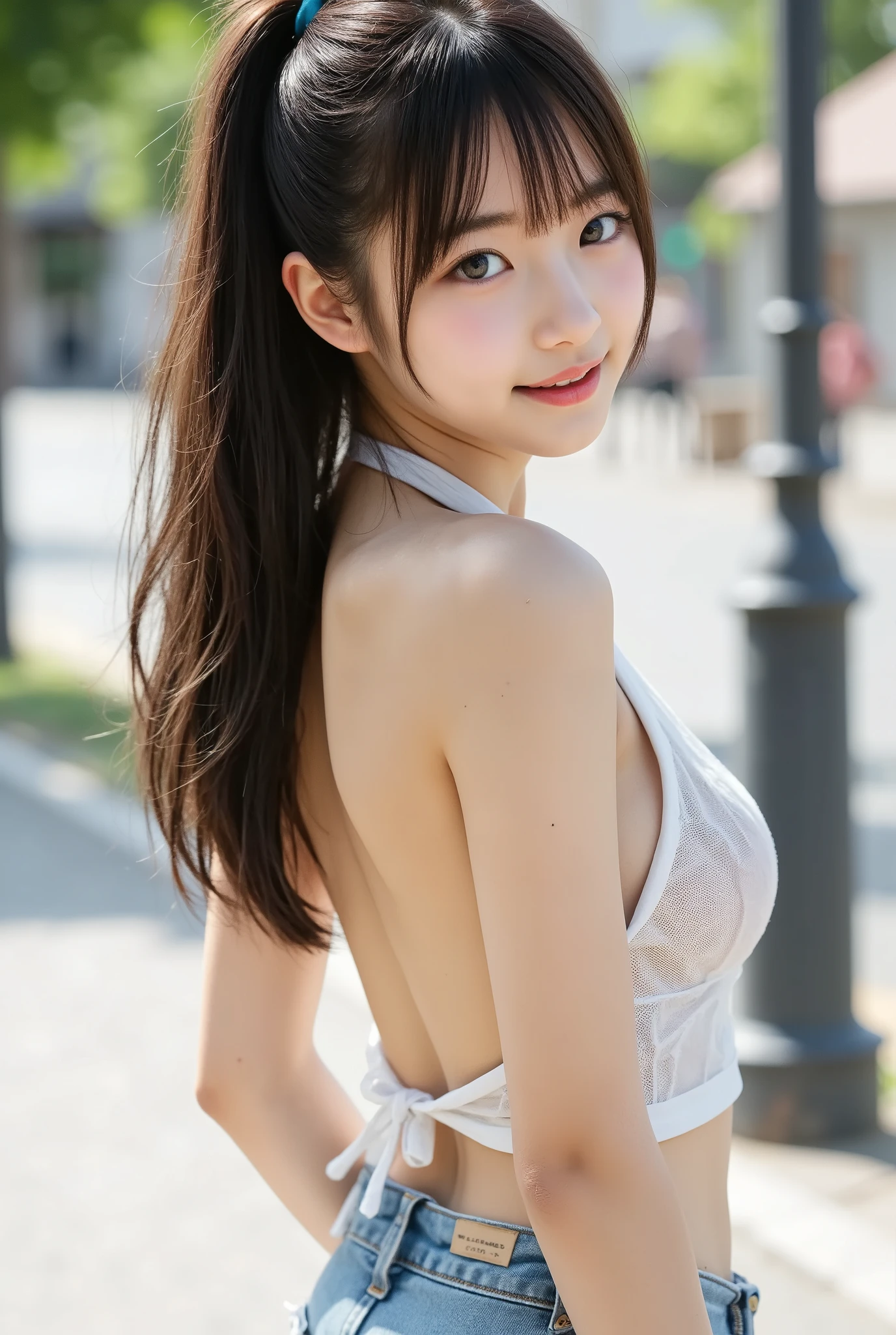 (surreal), (enlightenment), (High resolution), (8K), (very detailed), (The best enlightenmentneautiful detailed eyes), (highest quality), (Super detailed), (masterpiece), (wall-), (detailed face), (Beautiful smile)、(beautiful face)、length、earhook with bangs、alone、(((cute japanese girl)))、  Japan beautiful girl 25 years old))、 ((baby face))、(((G cup big)))mix、skin that looks real、hair blowing in the wind、date、autumn&#39;s、色の葉美しいautumn&#39;s background、、sexy and naughty panties、sexy and naughty bra、whole body、sexy pose、ponytail hair