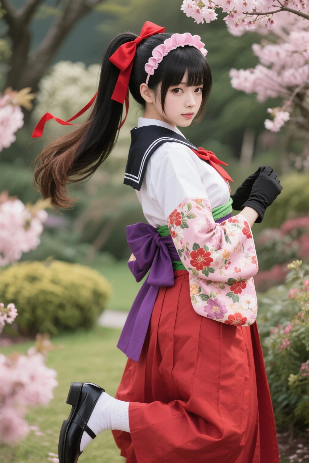 masterpiece, best quality,(1990s \(style\):0),smile,Sakura Shinguuji (sakure wars), japanese clothes, 1girl, ground vehicle, cherry blossoms, bow, long hair, hakama, ponytail, kimono, hakama skirt, hair bow, red hakama