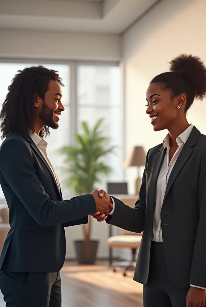 A black guy and a woman, warm smile on their faces, closed a business deal, hand shake indicating success, happy and satisfied, 