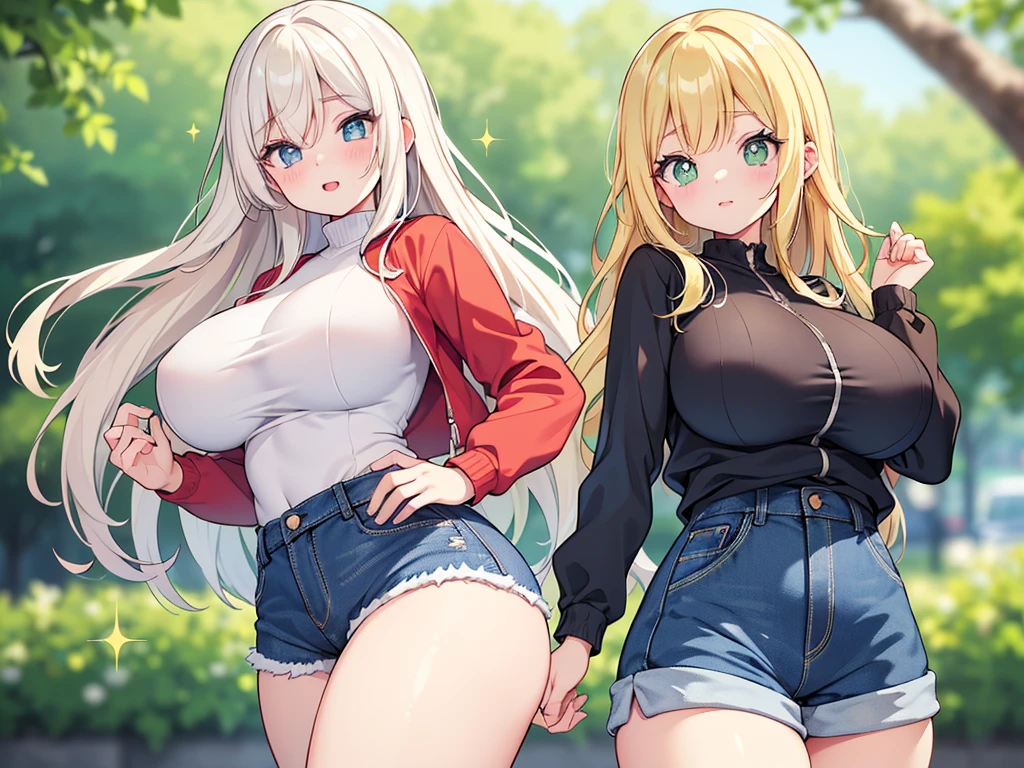 ((2人の女の子)),((jk,))japanese,nsfw, gyaru,long hair.glamorous, voluptuous, shy, stand,street,((panty shot,))smiling