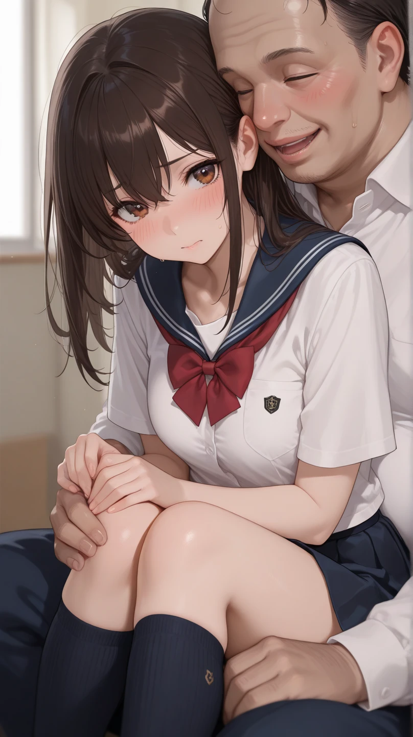 finest, masterpiece, High resolution, A pretty 20-year-old girl and a man with an erect penis、sailor suit、random hairstyles、A woman touches a penis for the first time、small breasts(:2.0)、Woman gives handjob to penis、Having sex with a woman's hand、Embarrassed and crying expression、dynamic angle、A room filled with cute little things、heavy breathing、sweaty bangs、A realistic penis for the viewer、Viewers ejaculate large amounts of semen onto women's faces、The woman's face is covered in semen、