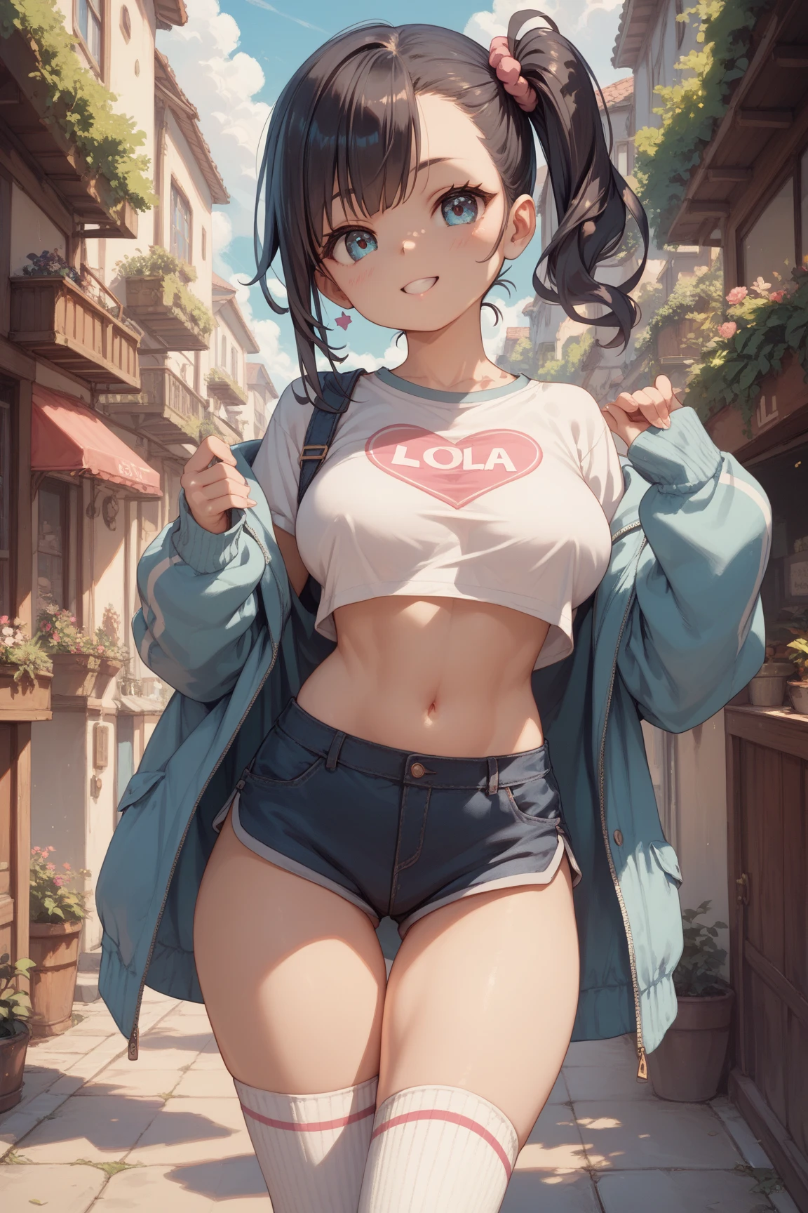 masterpiece,highest quality,wonderful,finely,High resolution,1 girl, big breasts,(denim shorts:1.3), black hair, glasses, green eyes,twin tails,full body
