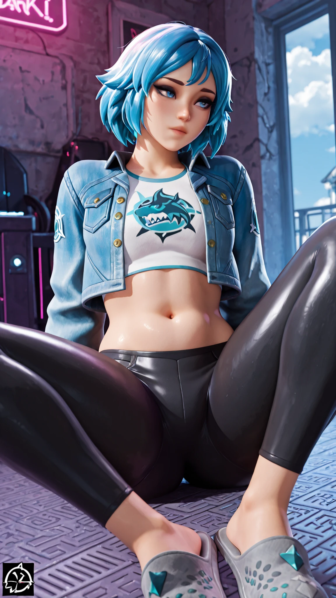 1 girl, masterpiece, black eyeshadow, blue eyes,Darki,Thick thighs, blue eyes, cropped jacket, blue hair, abdomen, short hair, cropped top, belly button, , denim jacket, denim, Black leggings, blue jacket, tight pants, room, neon light, cloudy sky, t-shirt logo,Sitting on the floor, Gray slippers