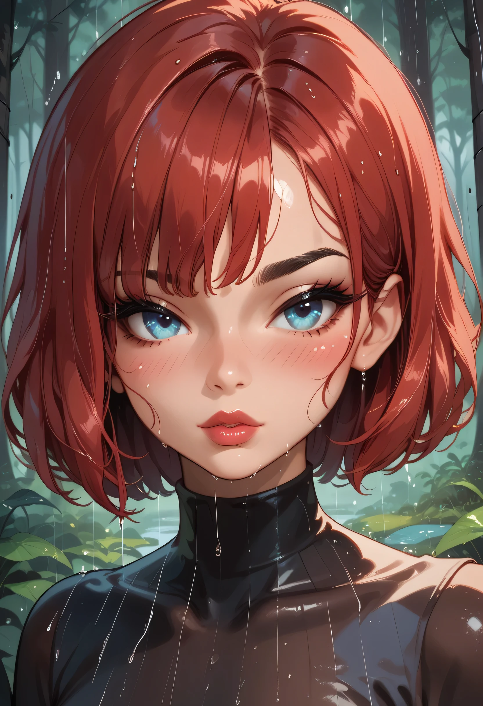 (Perfect Face, Short Cut Smooth Hair, Bright Red Hair, Black Thin Eyebrows, Blue Eyes, Purple Eyeshadows, Black Eyeliners, Blushing, Bright Red Thick Lips, Beautiful Woman) Forest, Cloud, Rain