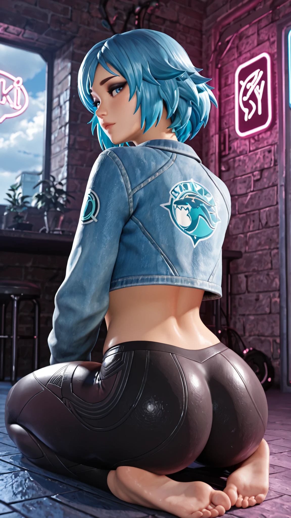 1 girl, masterpiece, black eyeshadow, blue eyes,Darki,Thick thighs, blue eyes, cropped jacket, blue hair, abdomen, short hair, cropped top, belly button, , denim jacket, denim, Black leggings, blue jacket, tight pants, room, neon light, cloudy sky, t-shirt logo,Sitting on the floor, looking back,Bare feet