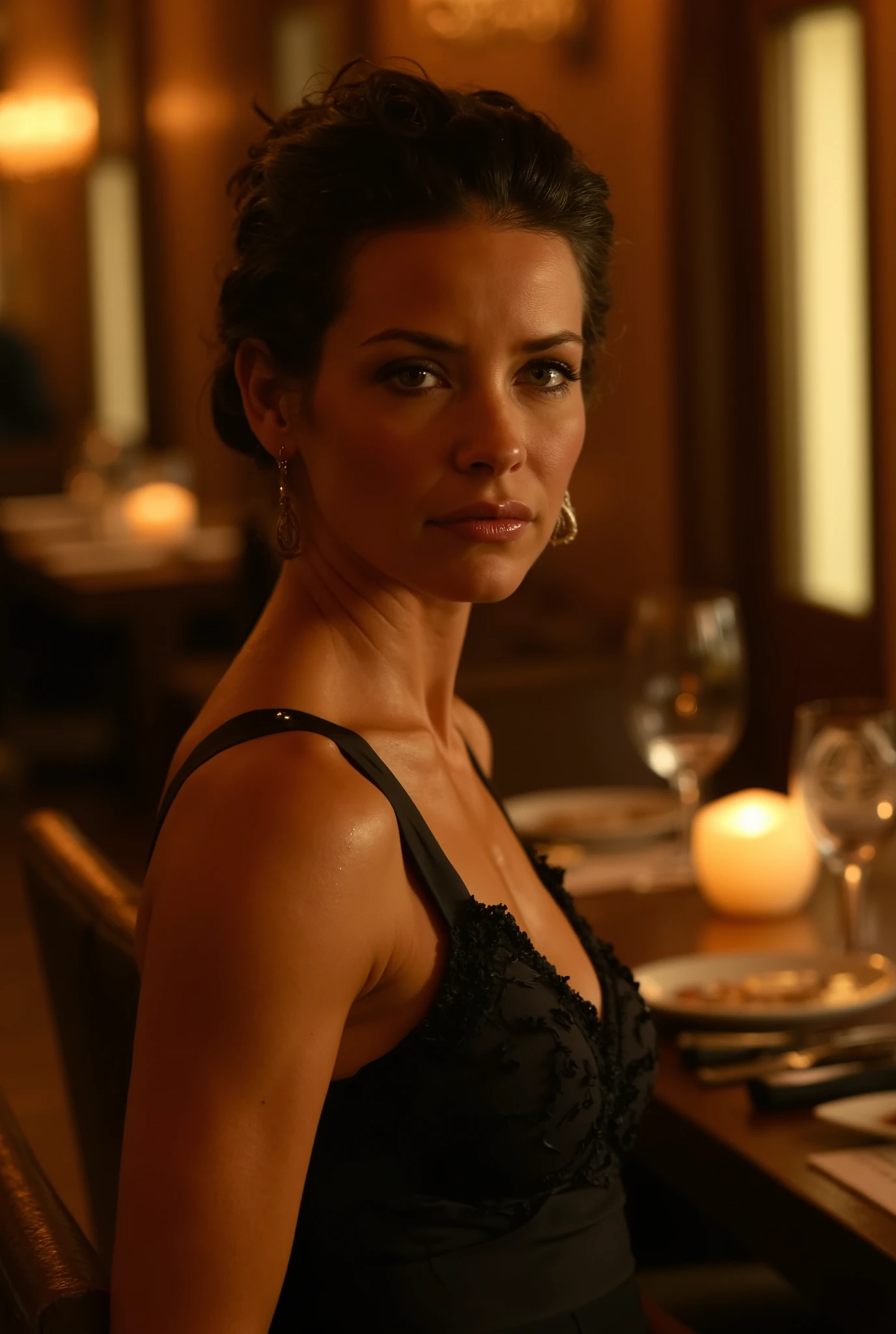 young Evangeline Lilly, sitting alone in a luxury restaurant, wearing a sleek black dress, soft gold lighting reflecting on her calm, poised face. Confident posture, subtle makeup, elegant but not flashy jewelry. She looks composed. Background includes blurred candlelight and fine table settings. Silent look. Cinematic lighting, 4K, square format, dramatic atmosphere. Perfect anatomy