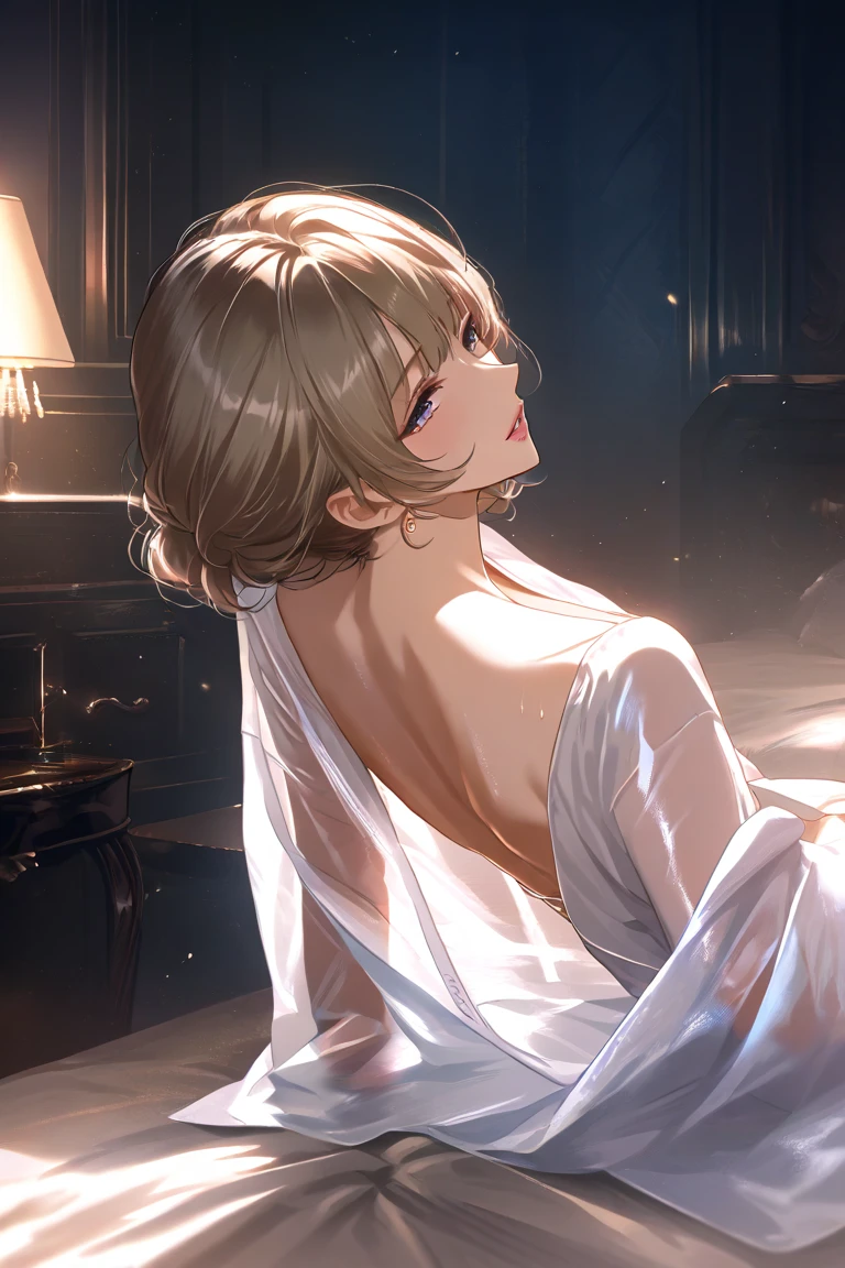 (masterpiece:1.2),(best quality:1.2),(masterpiece, best quality, ultra-high resolution), (1girl), (party night), (Night), Black straight hair to the waist, dark almond-shaped eyes, light and luminous skin, tight-fitting and elegant white evening dress, silk fabric inlaid with pearls and crystals, open back, thin shoulder straps.
