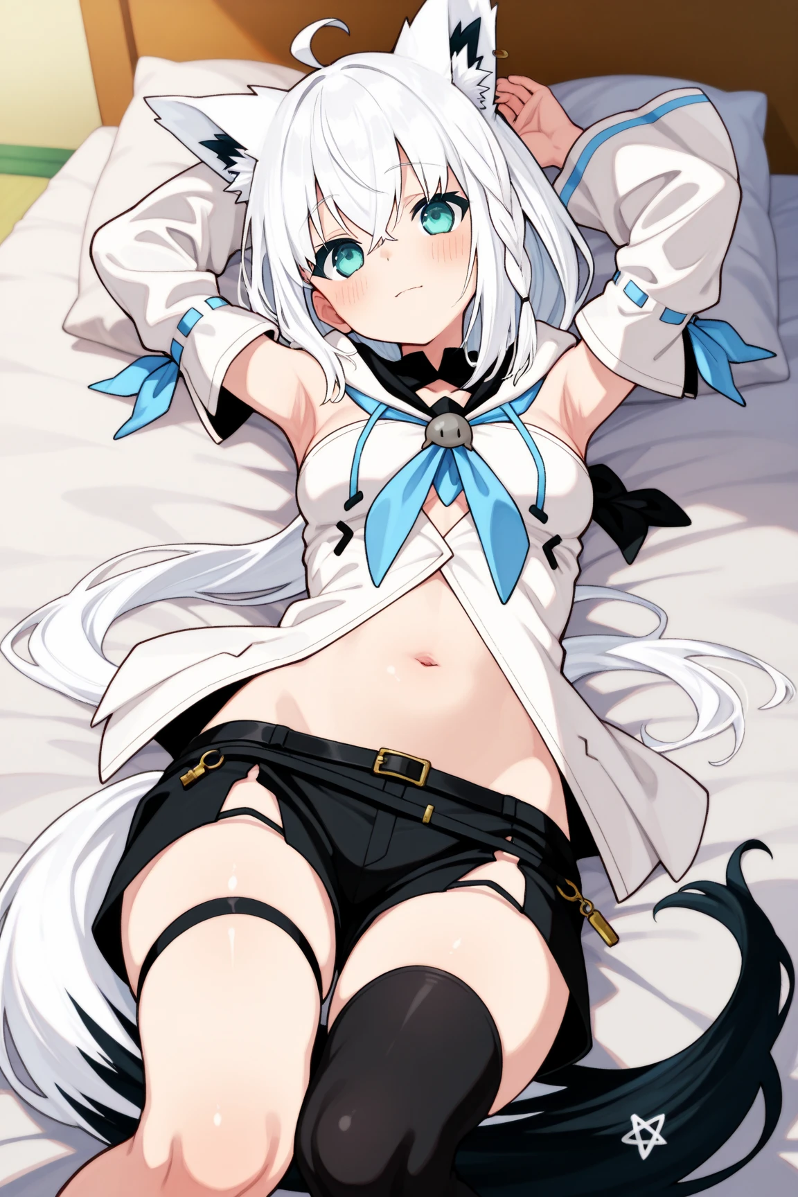NSFW,masterpiece,Highest quality,High resolution,Super detailed,Snowstorm、Gray Hair、One-sided braid、Ahoge、Earrings、Fox Tail、fubuki_base、White blouse、Sleeveless、Black shorts、Blue neckerchief、Thigh straps、Single knee socks、White Hair、One side braided、Ahoge、Earrings、Fox's Tail,Embarrassed,Estrus,Lust,blush,Expecting face,Seduce,Girl's Room,bed,From above,Lying down,Lying on your back,Raise your arms,Spread your legs,(To flatter)