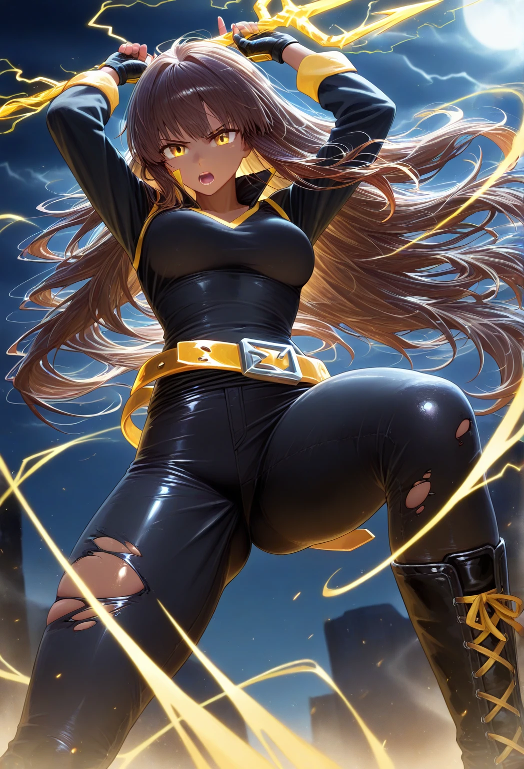 (1 mature brown amazon,Full Body Tights,Age 35), ((Pub,guild)),(smile),Dynamic pose,Dynamic Angle,Pose for a photo,From below,Elderly woman、Trading Card Game Frames、Highest Rare、Five Fingers、Signature mark、Big Butt、Yellow Hair、Gauntlet　Fighting Pose　Giant Axe　Muscular　Married Woman
