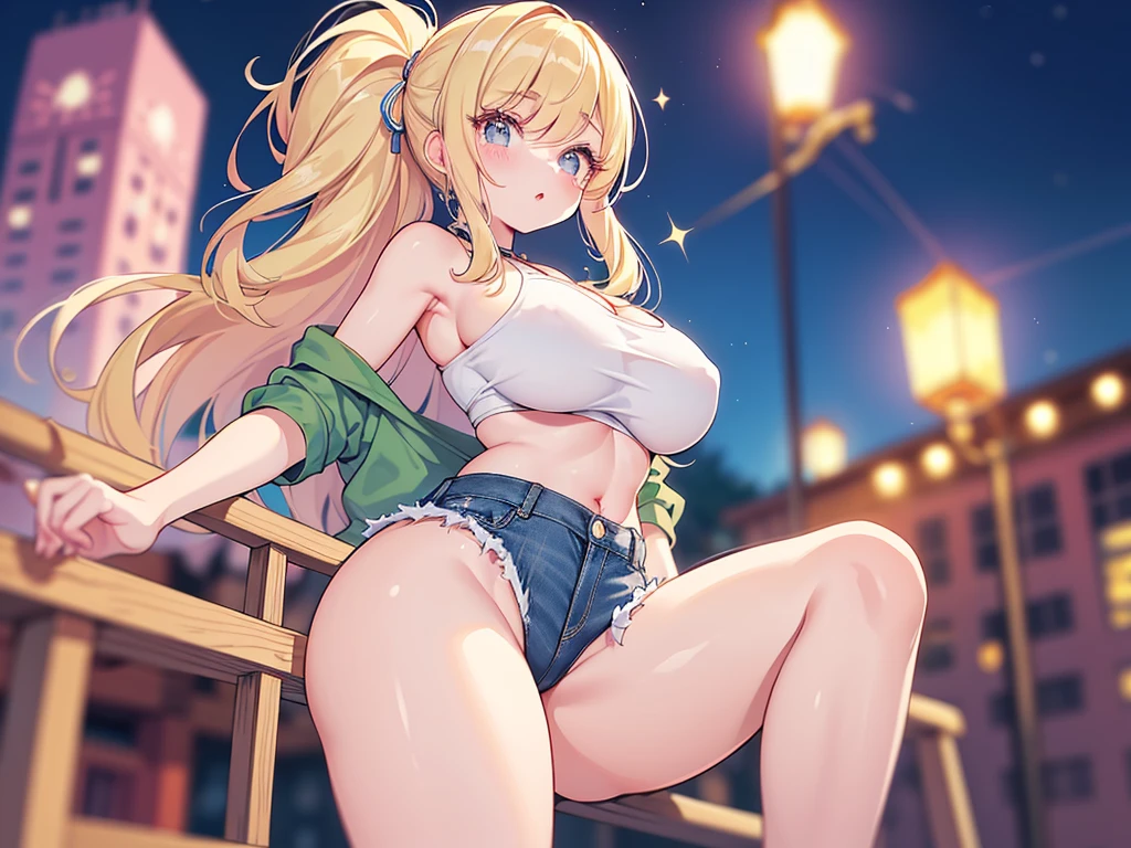 masterpiece, Highest quality, night, outside, One Girl, White shirt, Big Boobs, Transparent nipples, Shorts, Put your hand in and grope your crotch, Super detailed