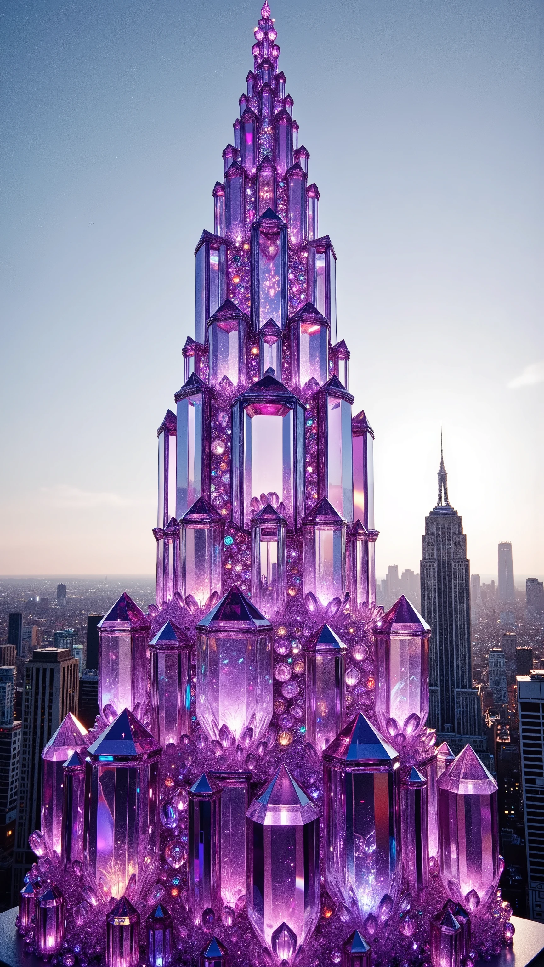 A towering crystal structure glimmers majestically in the foreground, crafted from translucent purple and pink hues that catch the sunlight brilliantly. The design resembles a modern skyscraper, its sharp geometric lines and the extensive glassy surface reflecting a spectrum of iridescent colors. The lower portion is surrounded by clusters of smaller, pointed crystals, maintaining the same color scheme and enhancing the overall essence of luxury and magic. Inside the structure, sparkling spheres emit a faint glow, adding depth and mystique to the scene. Far in the background, an iconic cityscape is visible, featuring prominent skyscrapers bathed in daylight, with one resembling the Empire State Building. The clear sky provides a soft blue canvas for the entire setting, highlighting the contrast between nature's beauty and urban grandeur, translating into a futuristic and ethereal atmosphere. purple crystal tower on top of a building with a city in the background, future city, geometrical shapes stacked up skyscraper front, futuristic skyscraper, 3 d render,magical buildings, futuristic tower, cyberpunk city, new york in the future, amethyst and pink tall quartz crystal architecture, futuristic palace, 8 k, high detail concept art, professional masterpiece