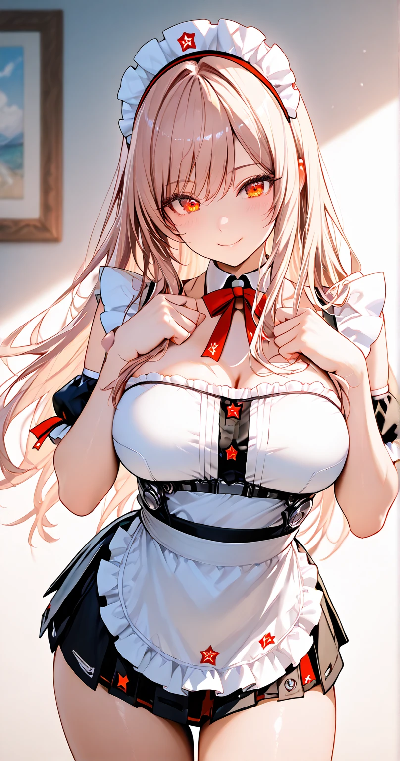 最high quality、best image quality、masterpiece、girl((18-year-old、 By becoming、vest bust、medium bust,wide open breast tea、red glowing eyes, blonde、messy hair、long hair、thin,highest valley、Show the whole body、white dress、long skirt、open chest、White wristband、red shoes、sexy、smile、Leaning forward、rose hair ornament、Holding a handgun、Whole body return blood)),high quality、beautiful art、background((In the office at night))、Flight、debris flies、Depth of written boundary、movie、visual art、perfect art、8K,genuine、
