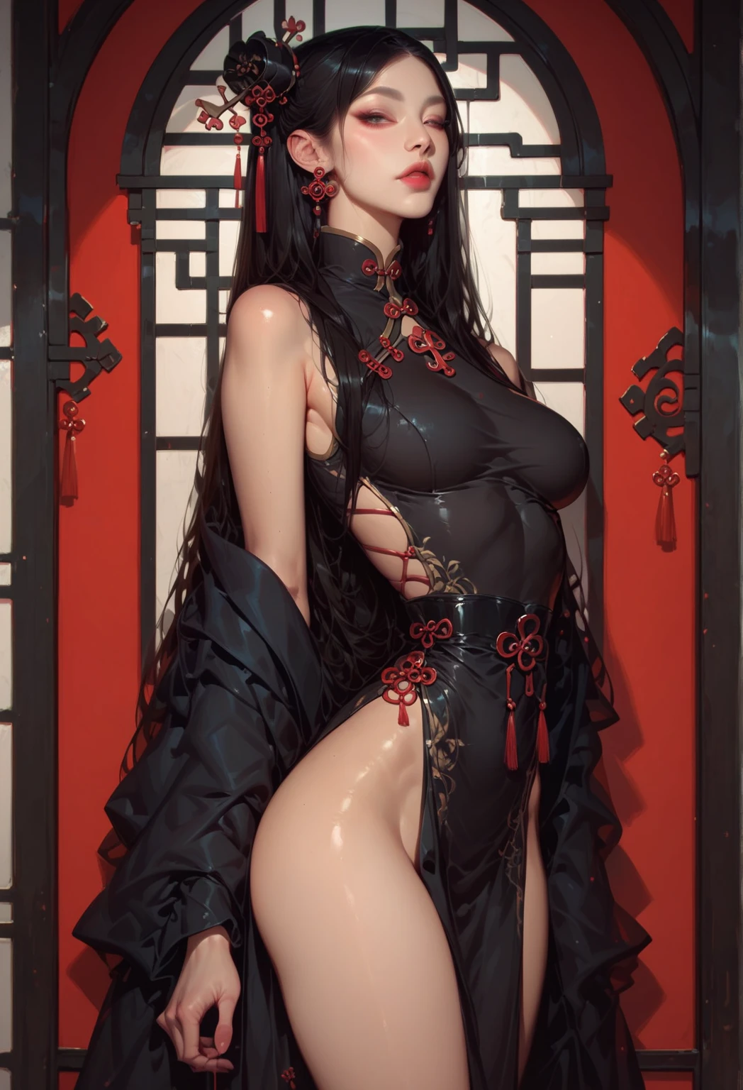 Beautiful girl in Xianshan, holding a fan, big breasts, blue eyes, cold eyes looking into the distance, black hair, black stockings, cheongsam clothing