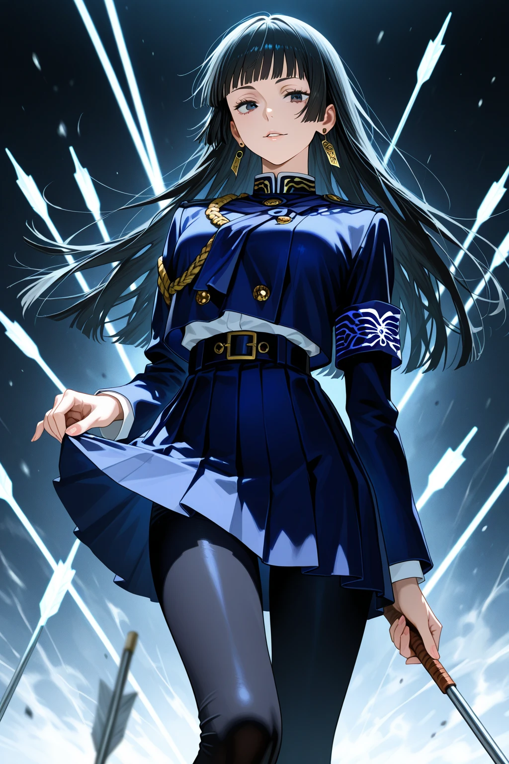  (masterpiece, best quality),  intricate details, 1girl,   blake_belladonna, gmuniform, pleated skirt, blue thighhighs,  black and gold uniform,  standing on rooftop, city