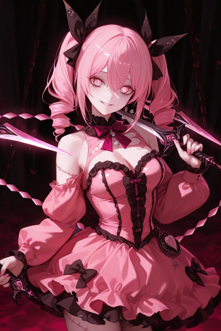 yandere girl, evil smile, portrait, hyper detailed intricate, blood, joker, twin drills curly, detailed background, serious, mask