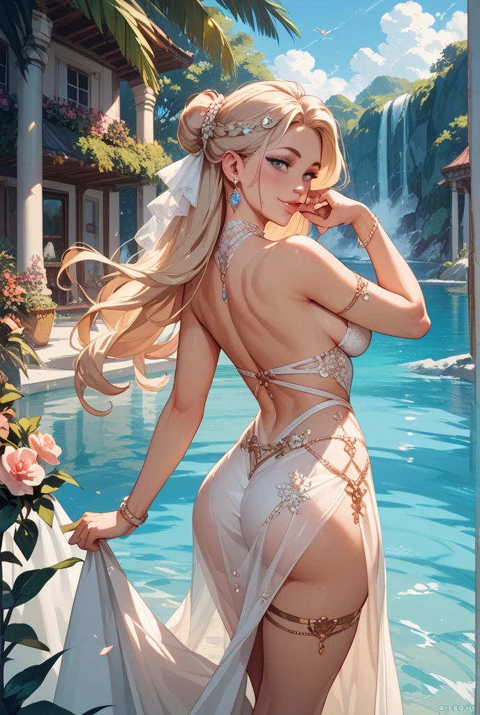 (best quality,4k,8k,highres,masterpiece:1.2),ultra-detailed,realistic, Captured from behind, bright colors, vibrant tones, blonde girl, detailed eyes,detailed lips,long eyelashes,sexy,posing confidently,back view, tropical paradise, lush garden, natural pool, blooming flowers, crystal clear water,scenic beauty,sunlight filtering through the trees, tranquil atmosphere,serene ambiance