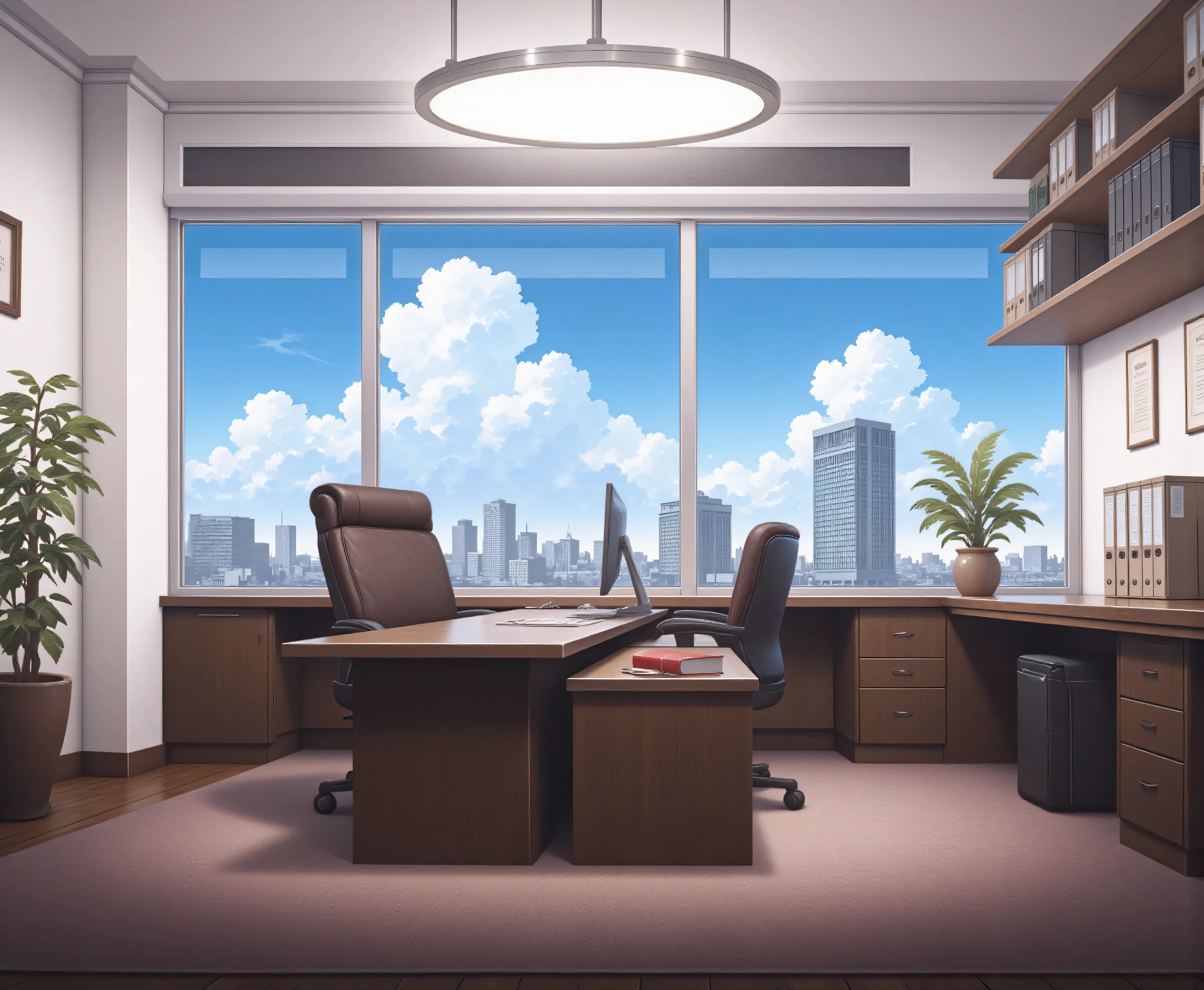 in a modern office, with smooth and minimalist design elements, Exudes professionalism. The work space consists of a large wooden desk, aims to take advantage of the expansive view of the city skyline seen from a floor-to-ceiling window. The blue sky and scattered clouds of a high-rise building against a bright background suggest a bustling urban environment.
dark brown office chair charming Sitting behind a desk, domina,The desk is neatly arranged Computer monitor, keyboard, and a set of slender framed. The surface of the desk highlights the cleanliness and efficiency. On the left, The two horizontal wooden shelves have a carefully arranged row of circular binders and a red book, ,hint that a well-maintained file system.
The room has several decorative plants, ,adds a touch of nature and vitality to the space. certificates hanging on the wall, and a slender framed photo, create a professional atmosphere. Overall, The office is well lit, combines natural light from the window with modern lighting above your head, create a warm and pleasant atmosphere,is good for productivity.