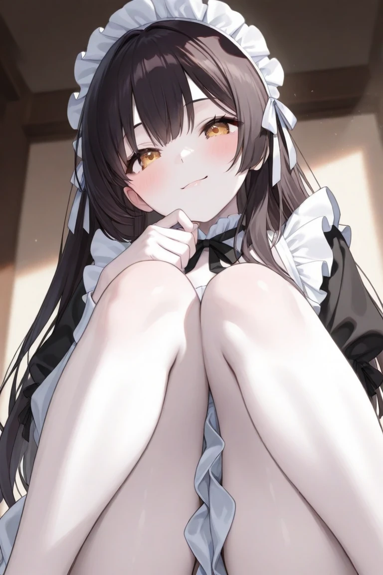 masterpiece, best quality, 8K, Reality, 1 girl, beach, , Long black ponytails, (Golden Eyes:1.2), Heterochromia, (Red Eyes:1.2), Tokisaki Kurumi, Smile, Bikini, victorian maid headdress, Black Ribbon, ,Sitting, (Lift the soles of your feet)(Black silk pantyhose)