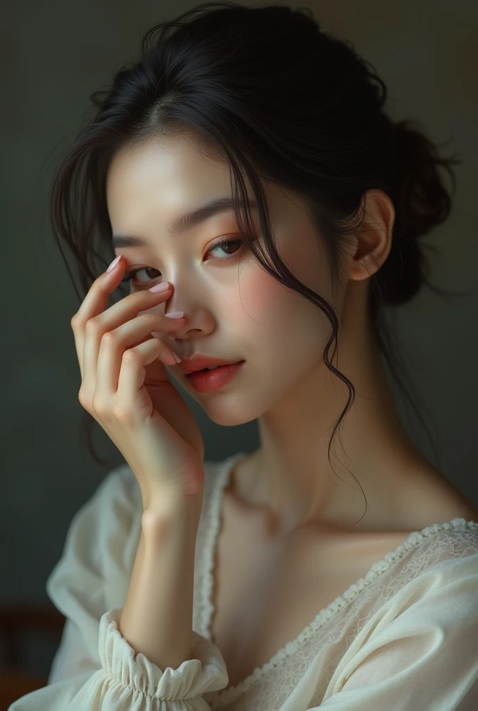 Close-up candid portrait photo of artistic young Korean woman, Retro-future, Movie stills, ((alone)), (Looks like Anne Hathaway: 0.9), Sit by the window, The sun shines on her face, Soft romantic lighting, Summer day, Leica SL3, Summicron SL75f/2. Asf, Kodak Gold 200 Film, Bare shoulders, Dynamic action poses,She wears a camisole so thin and black that her underwear shows through, her underwear is transparent, a graceful woman, a noble atmosphere, a celebrity, beautiful black hair, delicate face, detailed eyes,