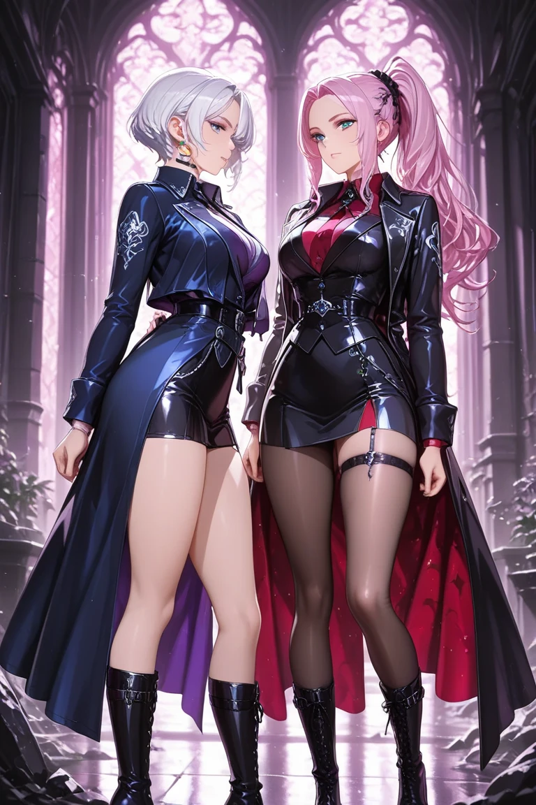 there are two women dressed in costumes walking in a courtyard, gothic and futuristic, second life avatar, secondlife, nixeu and sakimichan, beautiful gemini good and evil, crimson themed, devil versus angel, good and evil, inspired by Louis Grell, gothic harts, dressed in crustpunk clothing, spellcasting pose, 2 angels